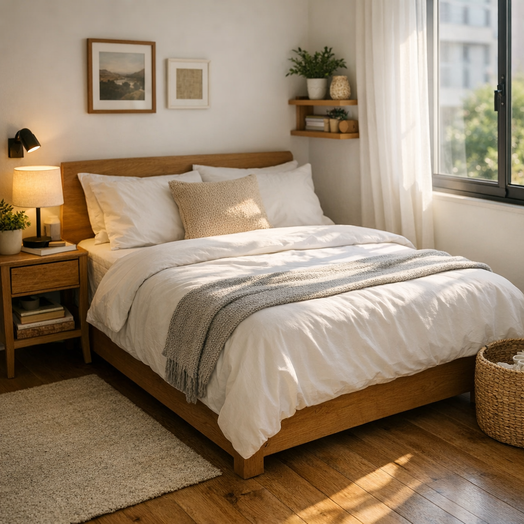 Cama viúva 1,28: medidas e quando compensa, cama de madeira com roupa branca e janela grande