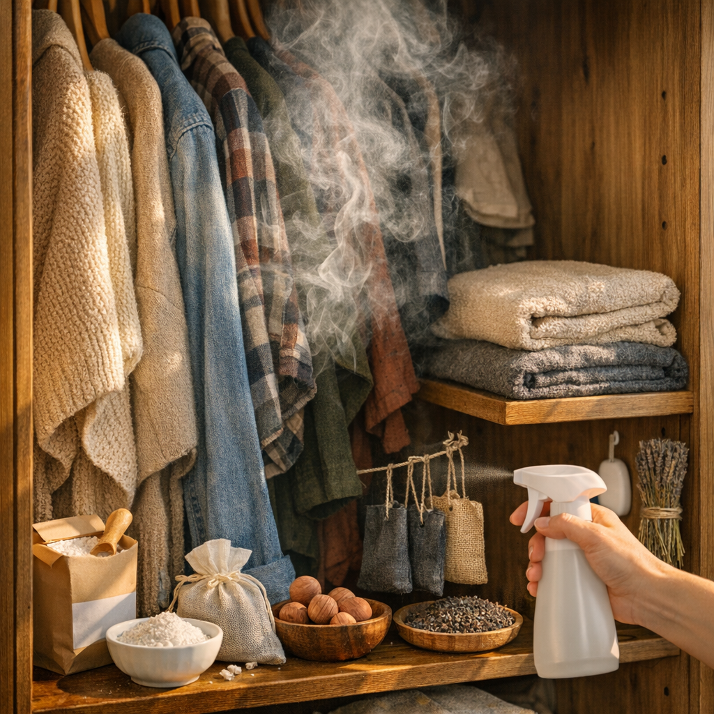 Cheiro ruim no guarda-roupa: como tirar e evitar voltar, armário aberto com roupas e spray na mão