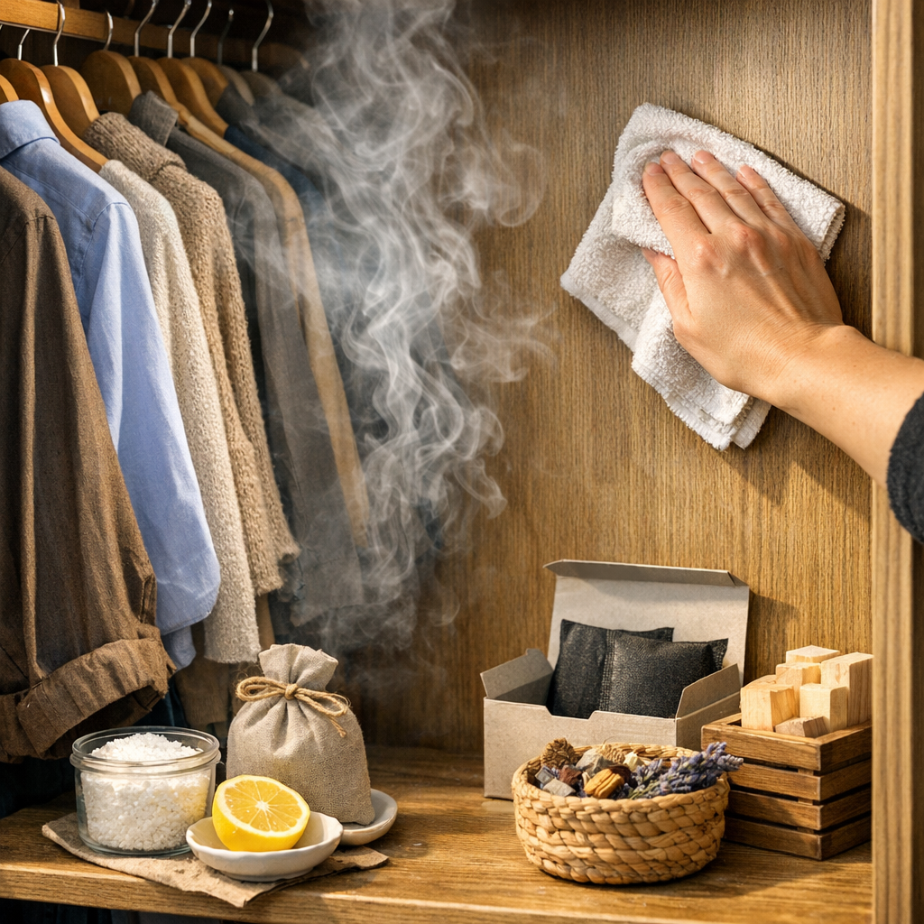 Cheiro ruim no guarda-roupa: como tirar e evitar voltar, mão limpando parede do armário com pano e roupas penduradas
