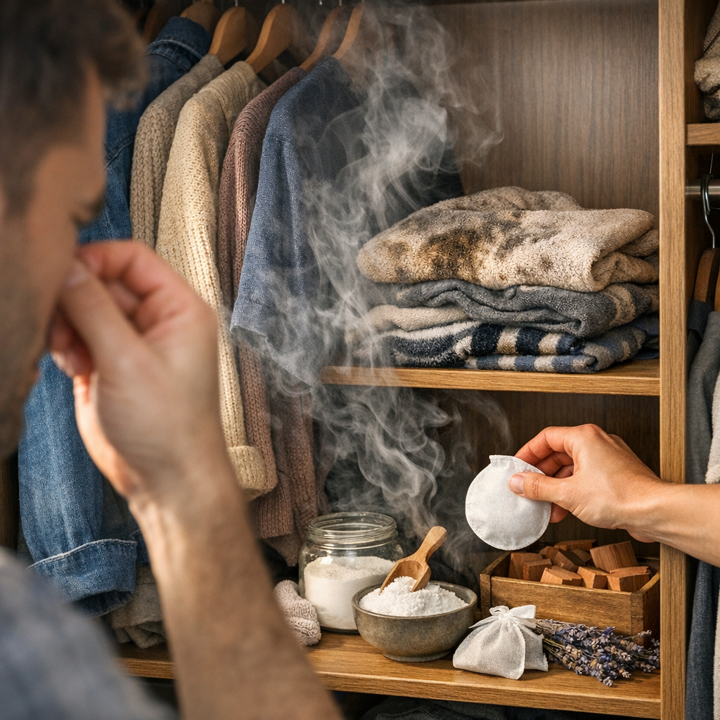 Cheiro ruim no guarda-roupa: como tirar e evitar voltar, pessoa tapando o nariz e mão com sachê no armário aberto