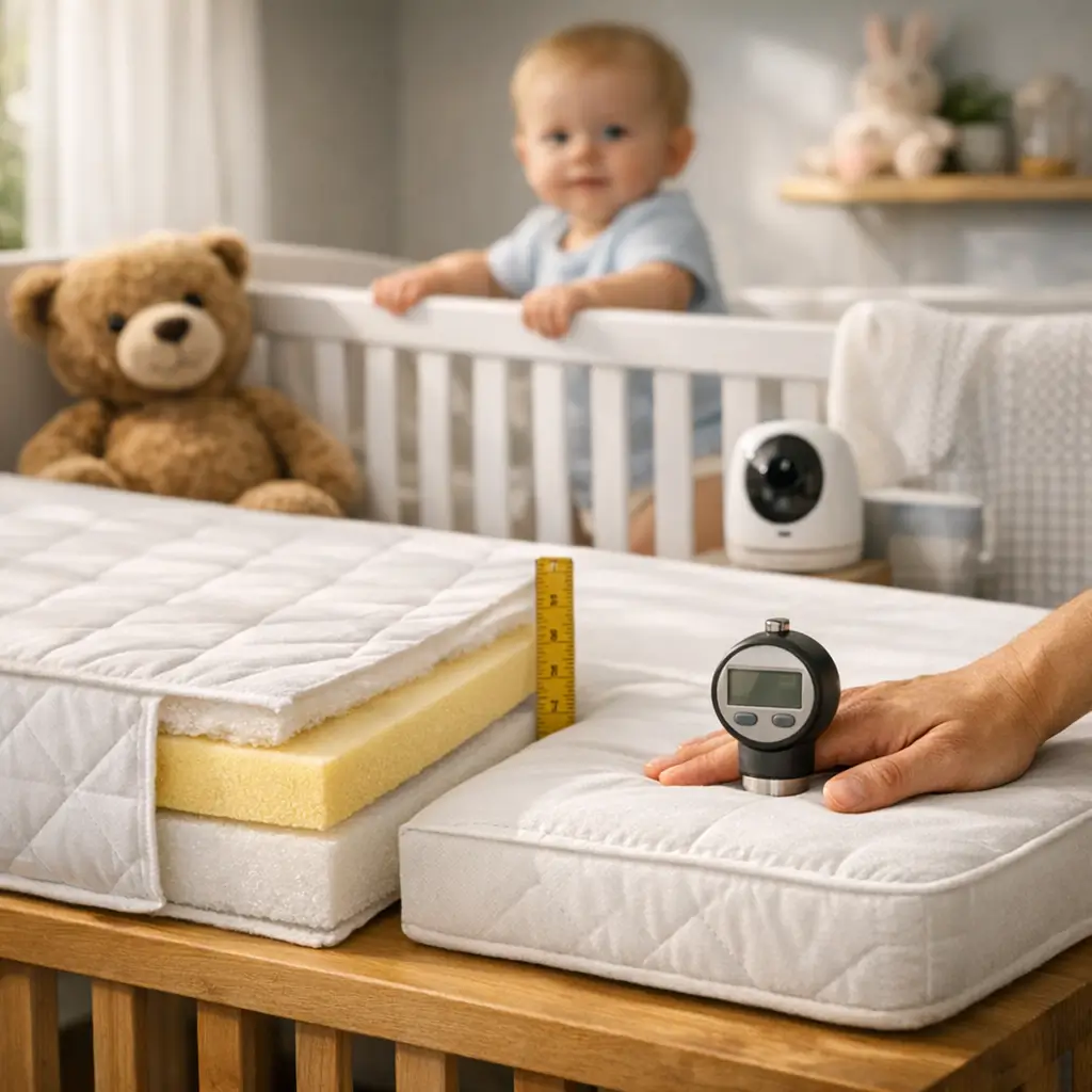 Colchão de berço: como escolher tamanho, densidade e segurança pro bebê, fita e medidor de firmeza no colchão, bebê no berço ao fundo