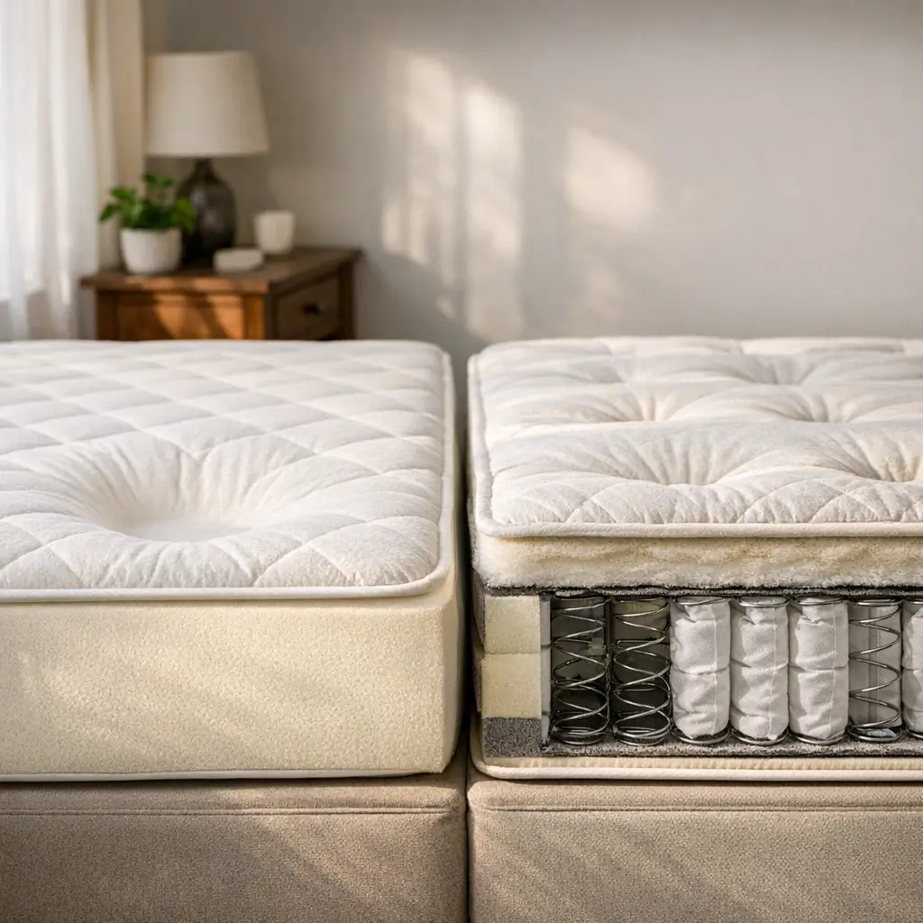 Colchão de espuma ou mola: qual escolher? colchão de espuma ao lado de colchão de molas à mostra
