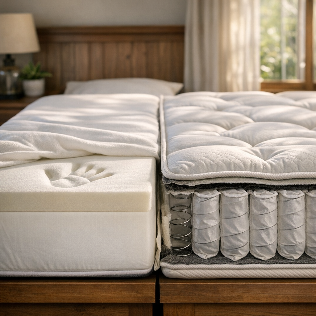 Colchão de espuma ou mola: qual escolher? espuma cortada e molas ensacadas à mostra na cama