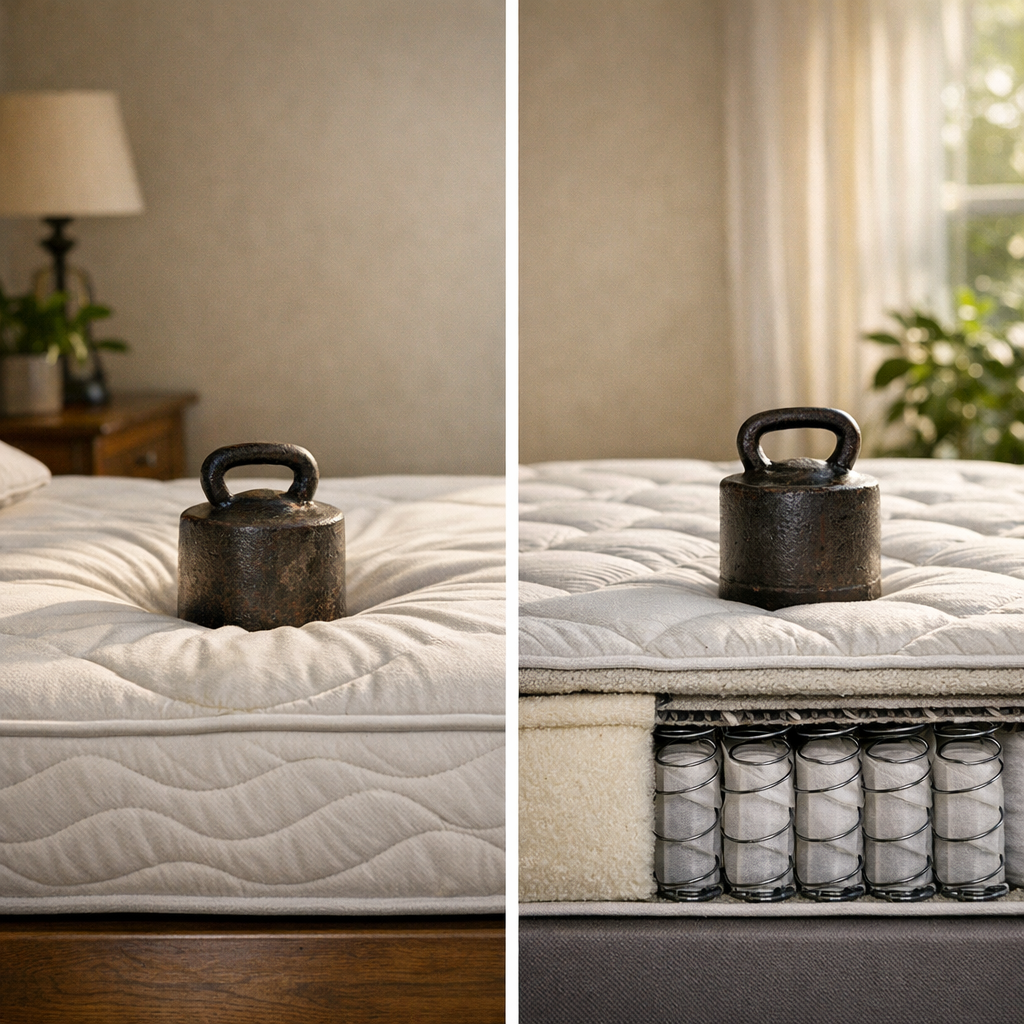 Colchão de espuma ou mola: qual escolher? peso de ferro sobre colchão de espuma e colchão de molas à mostra