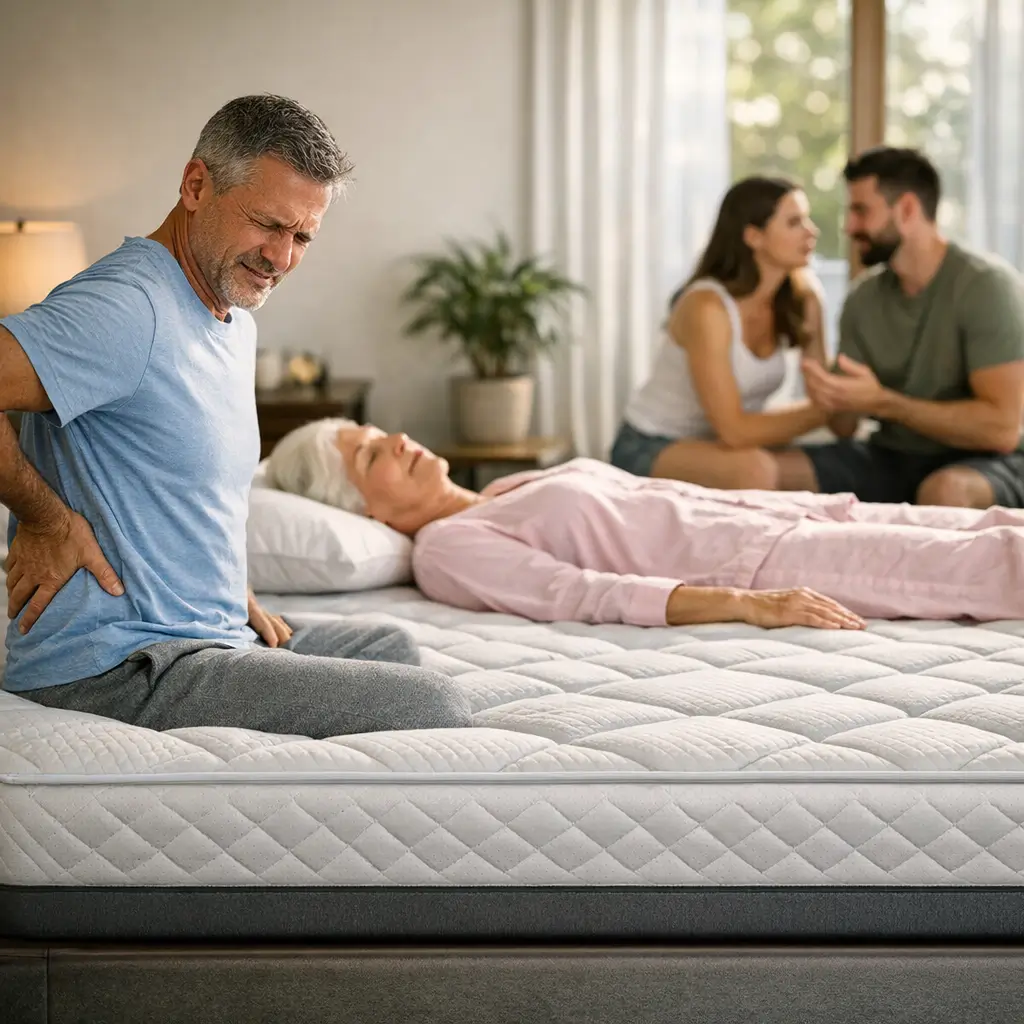 Colchão ortopédico: funciona mesmo? Quem deve usar, homem com dor lombar sentado na cama, idosa deitada no colchão, casal conversando ao fundo