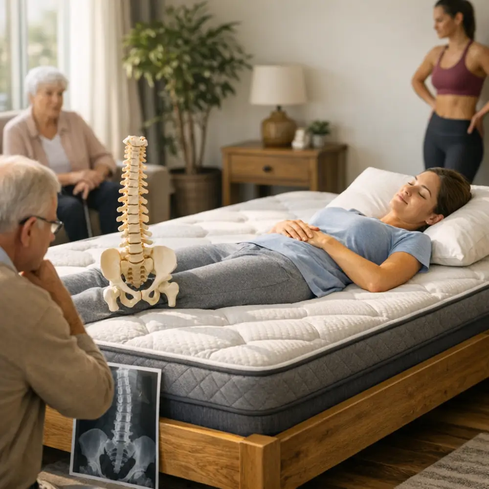 Colchão ortopédico: funciona mesmo? Quem deve usar, mulher deitada no colchão, modelo de coluna e raio-x
