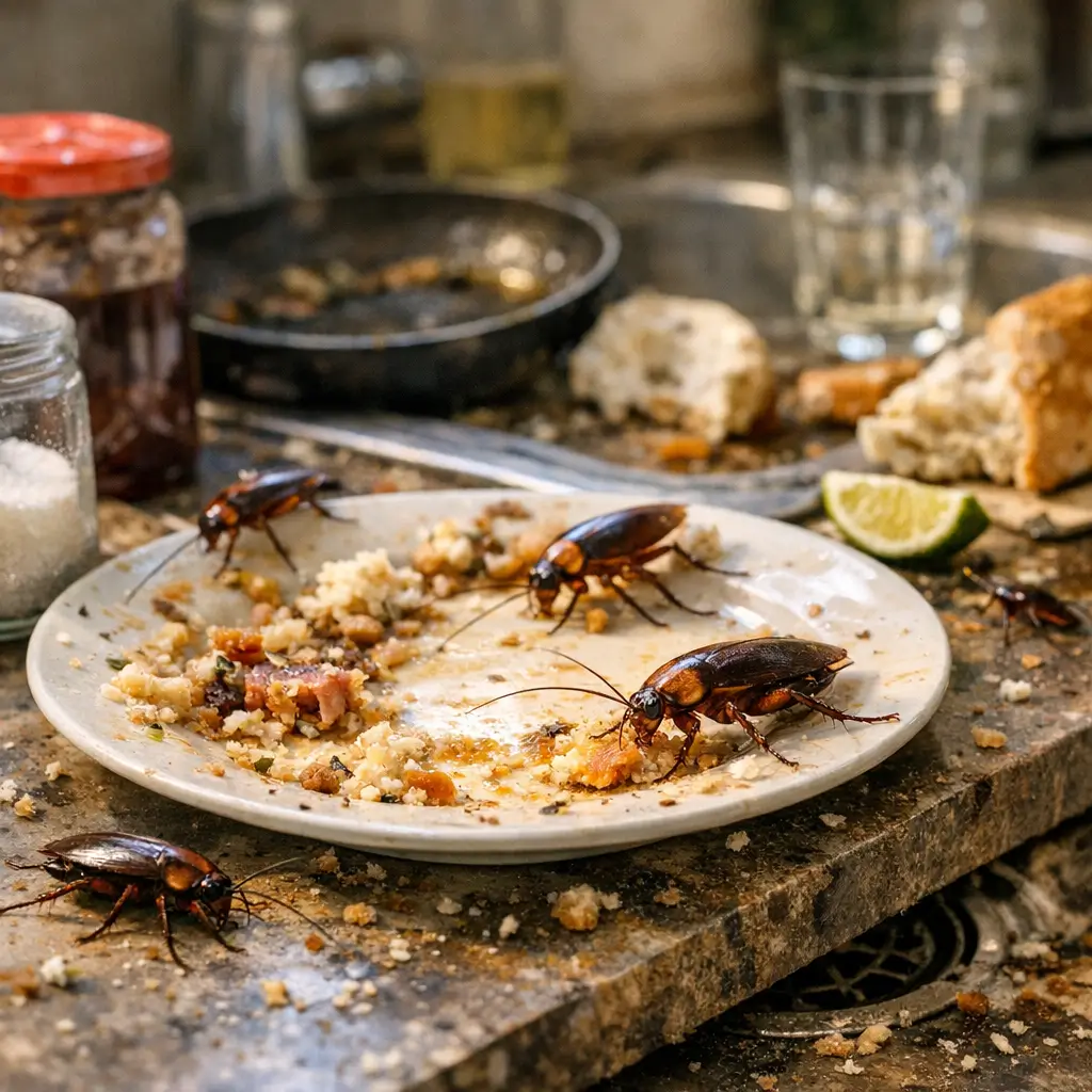 Como acabar com baratas em casa: dicas que funcionam, baratas em prato sujo com restos de comida