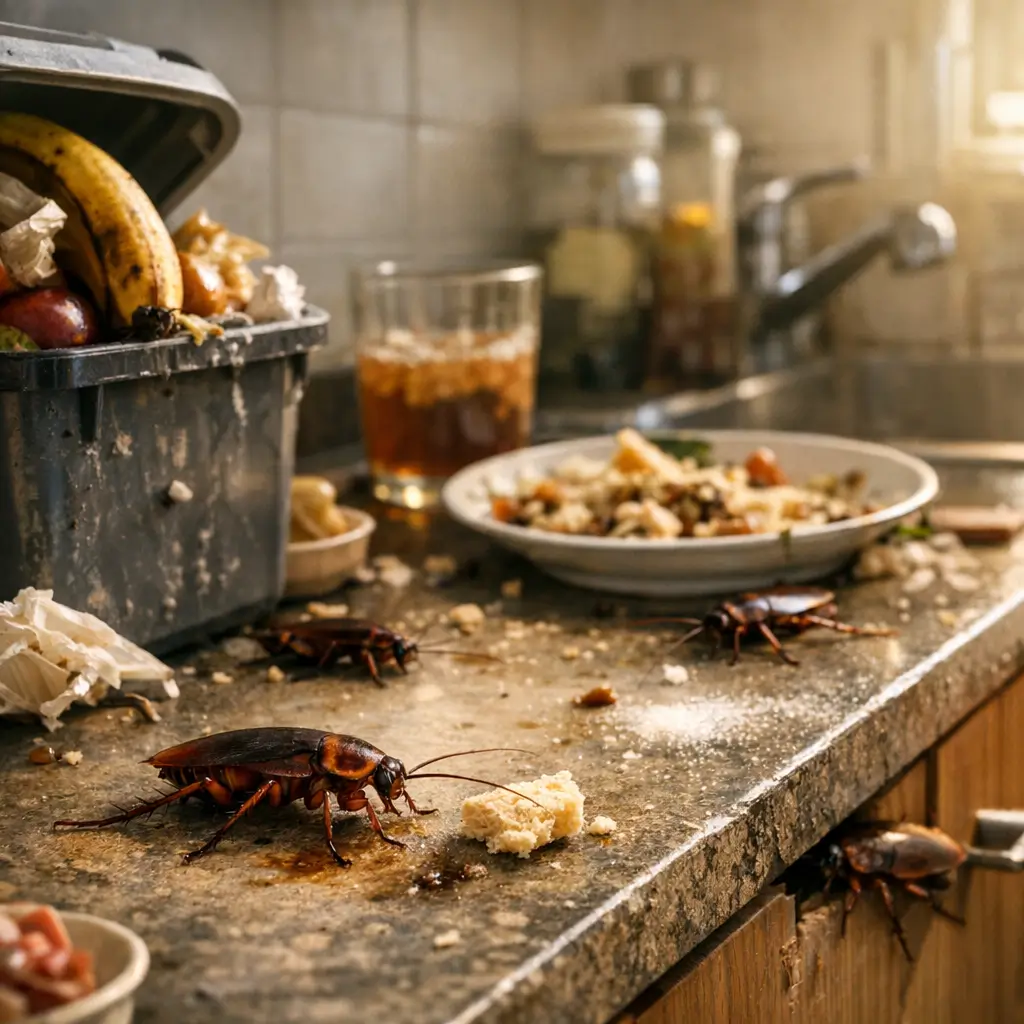 Como acabar com baratas em casa: dicas que funcionam, baratas na bancada suja com restos de comida