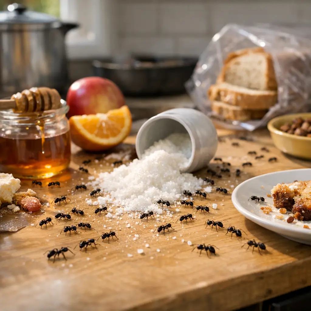 Como acabar com formiga dentro de casa: formigas no açúcar derramado na bancada