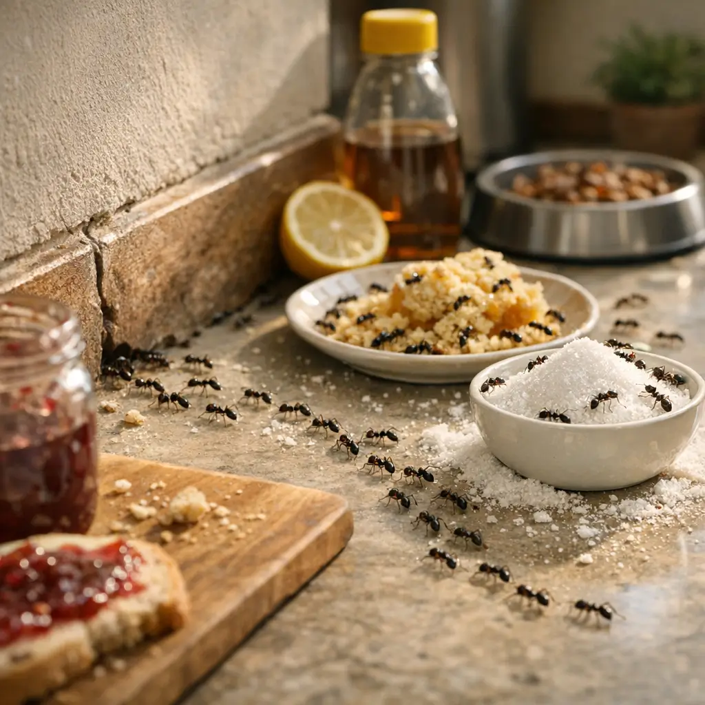 Como acabar com formiga dentro de casa: trilha de formigas no açúcar e comida