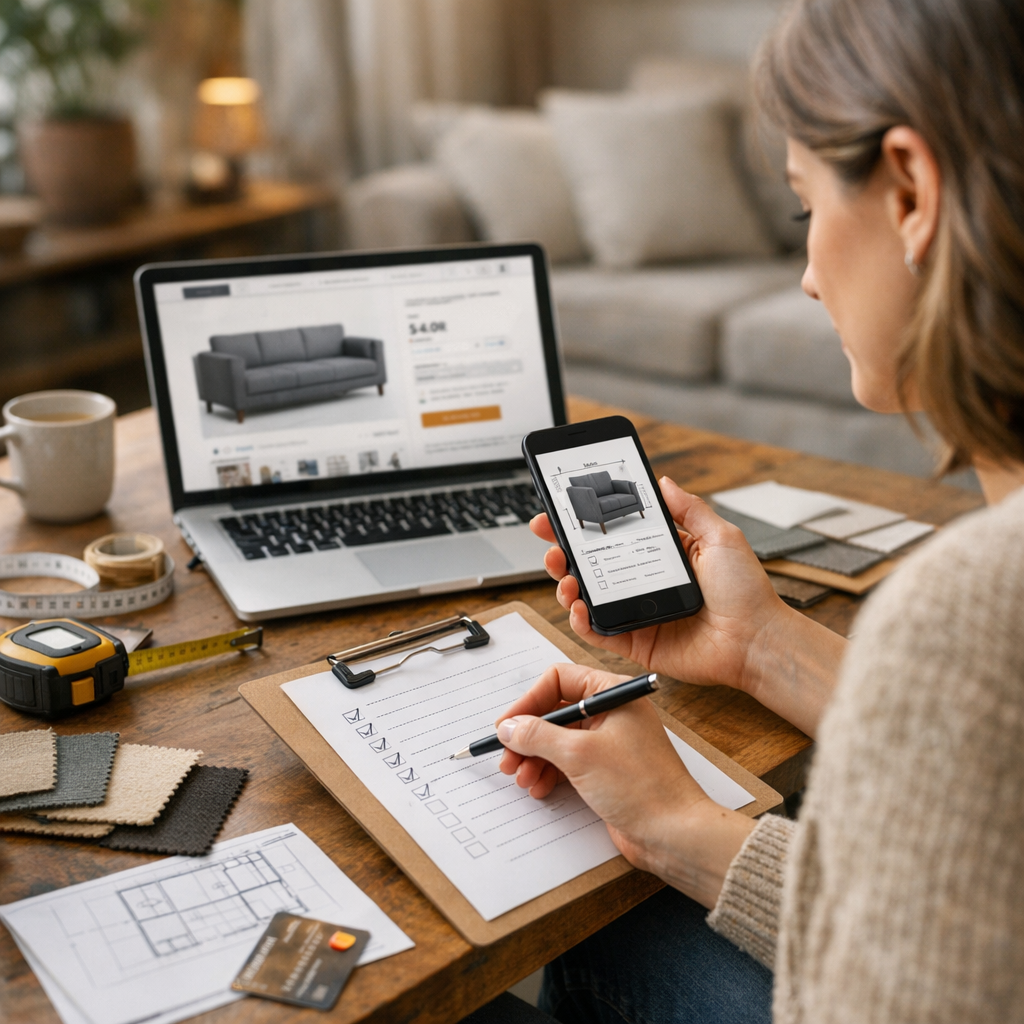 Como comprar móvel pela internet: evite erro na entrega, celular e notebook com sofá e checklist