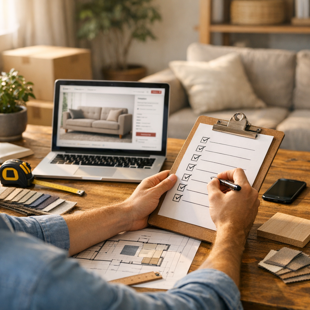 Como comprar móvel pela internet: evite erro na entrega, checklist na prancheta e notebook com sofá na tela