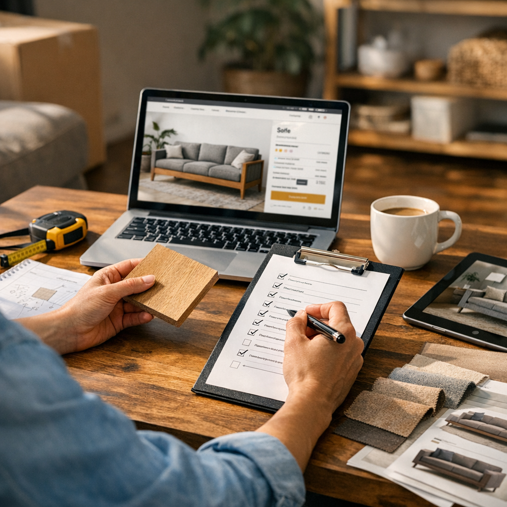 Como comprar móvel pela internet: evite erro na entrega, notebook com sofá e checklist na prancheta