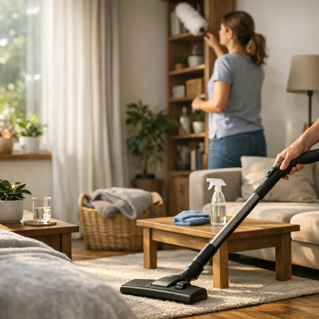 Como diminuir poeira no quarto e na sala rápido: aspirador no tapete e pessoa tirando pó da estante