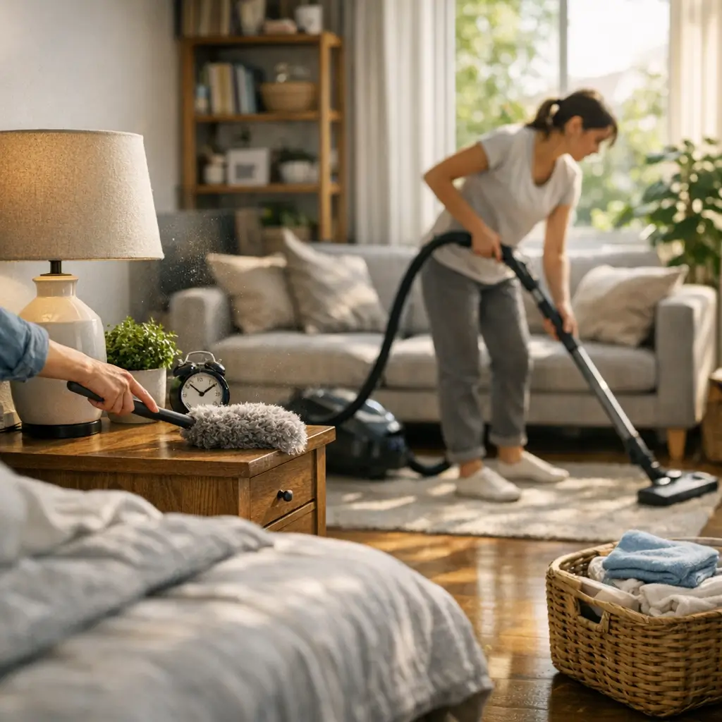 Como diminuir poeira no quarto e na sala rápido: espanador na mesa e aspirador no tapete
