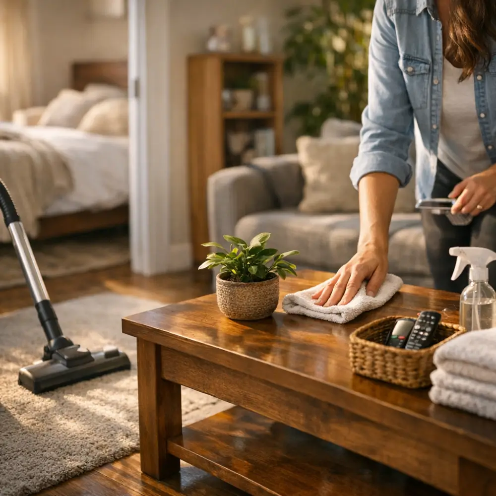 Como diminuir poeira no quarto e na sala rápido: pessoa limpando mesa com pano, aspirador ao lado