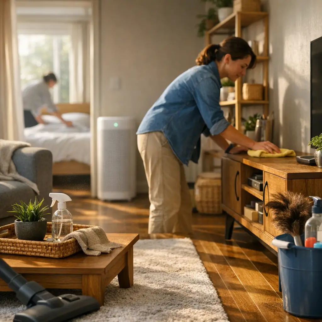Como diminuir poeira no quarto e na sala rápido: pessoa limpando rack, aspirador e purificador de ar