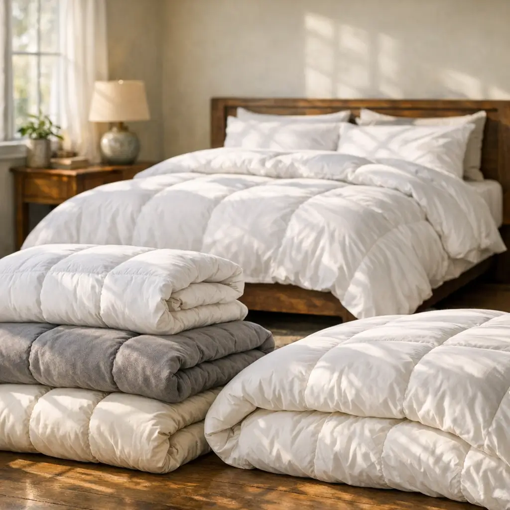 Como escolher edredom: tamanho e tecido ideal, cama com edredom branco e edredons dobrados ao pé da cama