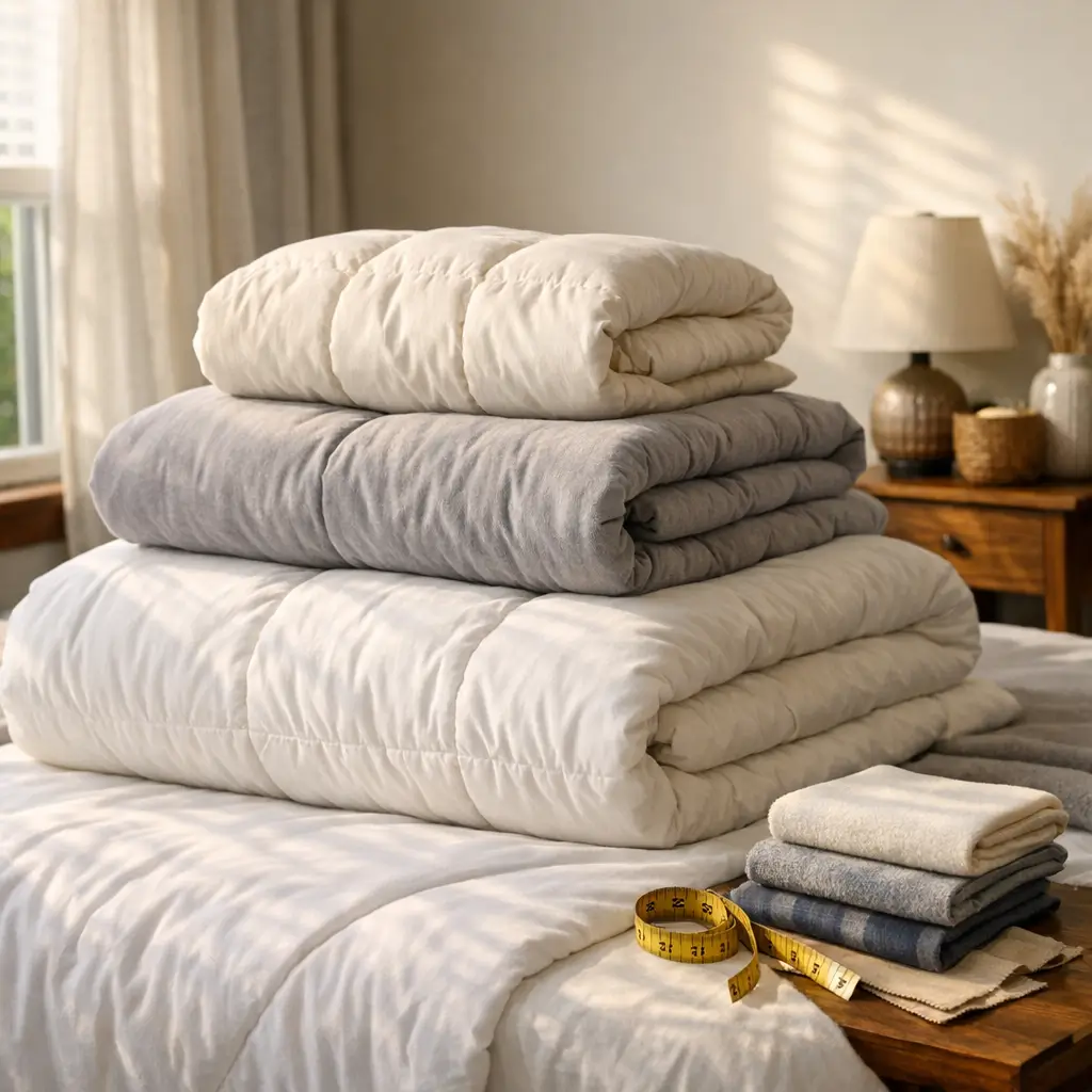 Como escolher edredom: tamanho e tecido ideal, edredons dobrados e fita métrica na cama