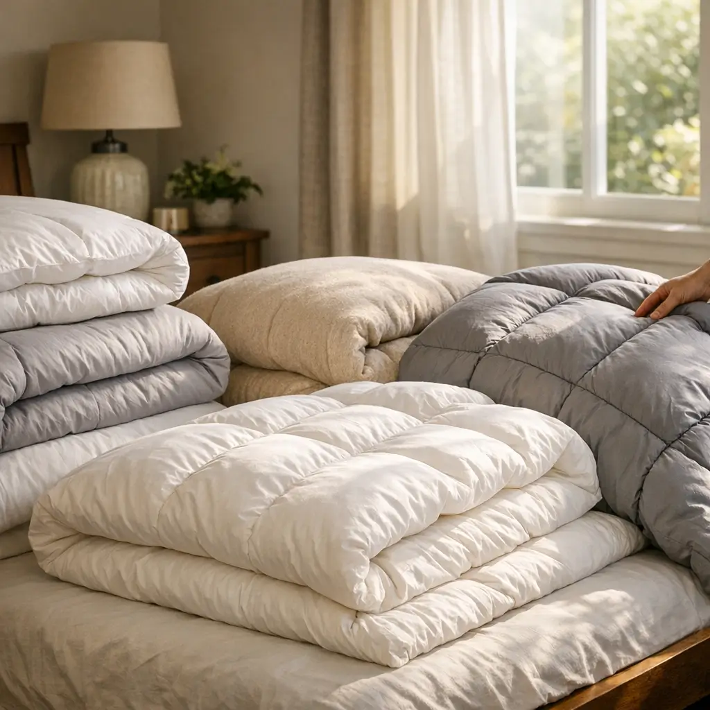 Como escolher edredom: tamanho e tecido ideal, edredons dobrados na cama e mão segurando um cinza