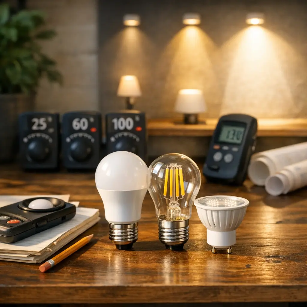 Como escolher lâmpada LED: watts e lúmens, 3 lâmpadas e luxímetro na mesa