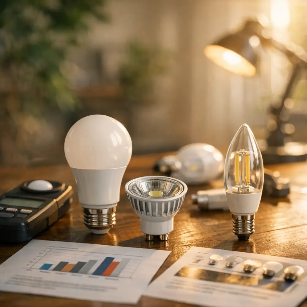 Como escolher lâmpada LED: watts e lúmens, lâmpadas LED e luxímetro na mesa