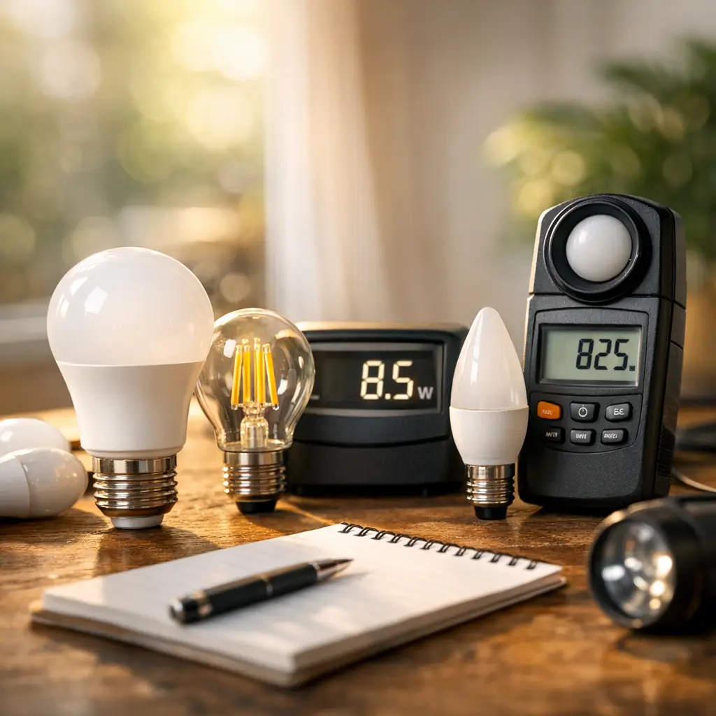 Como escolher lâmpada LED: watts e lúmens, lâmpadas e luxímetro 825 na mesa