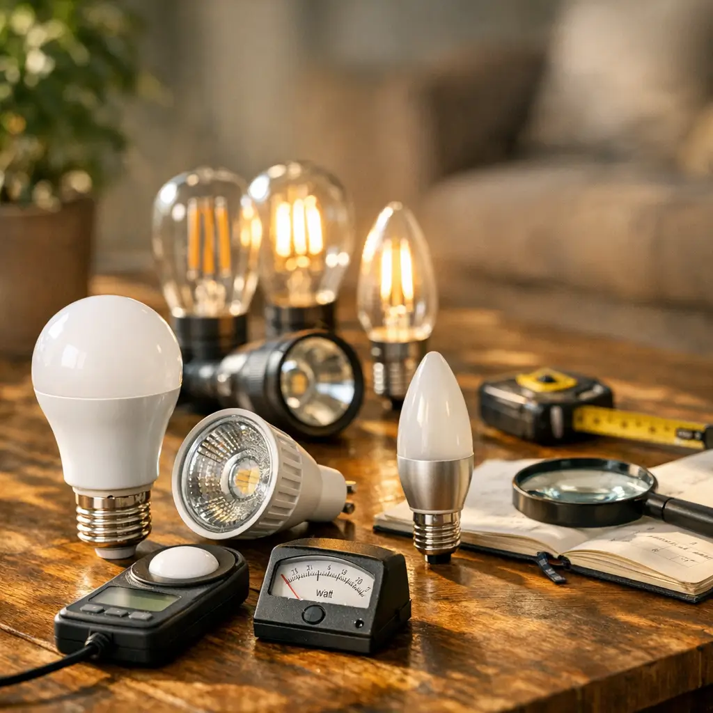 Como escolher lâmpada LED: watts e lúmens, lâmpadas, medidor e fita métrica na mesa