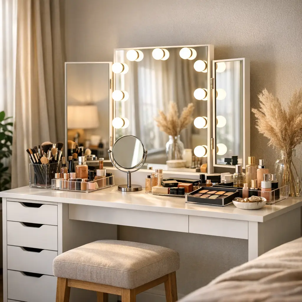 Como escolher penteadeira: tamanho e espelho ideal, espelho com luzes, maquiagem e banqueta