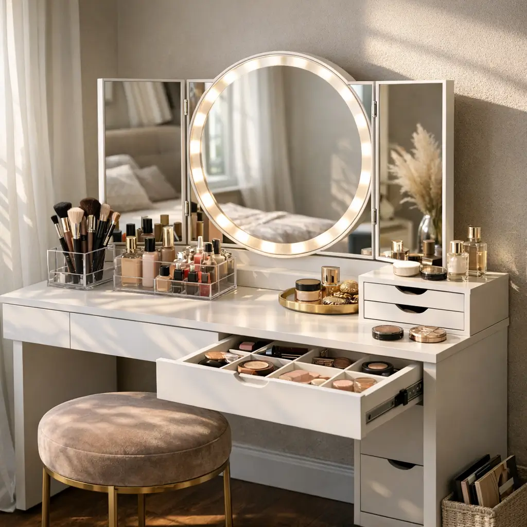 Como escolher penteadeira: tamanho e espelho ideal, penteadeira branca com espelho redondo iluminado e gaveta aberta