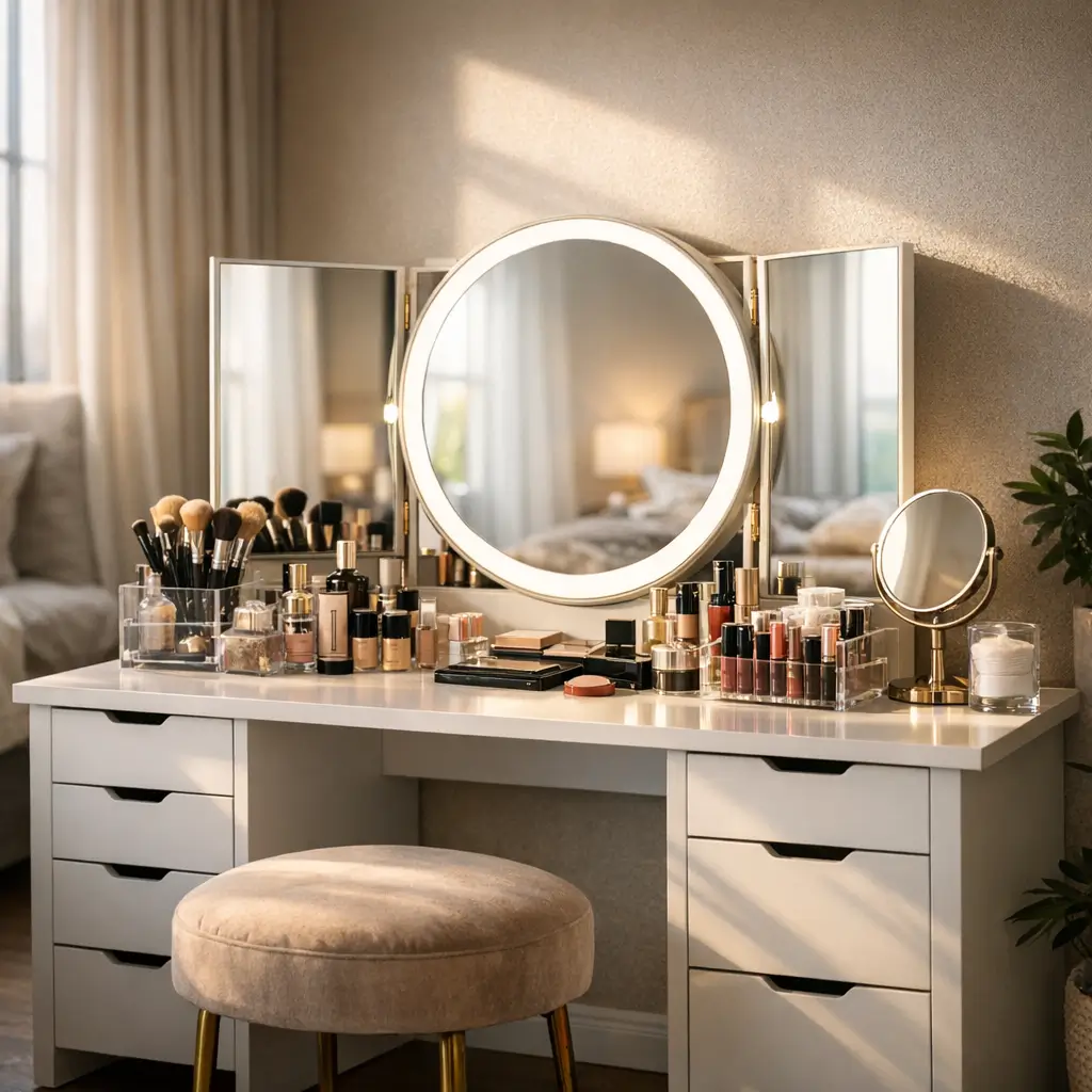 Como escolher penteadeira: tamanho e espelho ideal, penteadeira branca com espelho redondo iluminado e maquiagem