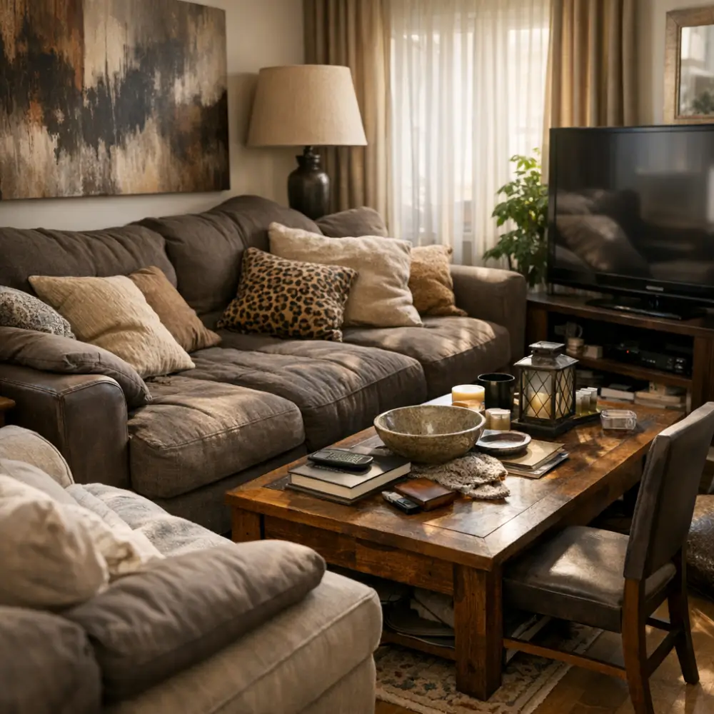 Como escolher sofá para sala pequena: 7 erros comuns, sofá cinza com almofadas e mesa de centro de madeira diante da TV