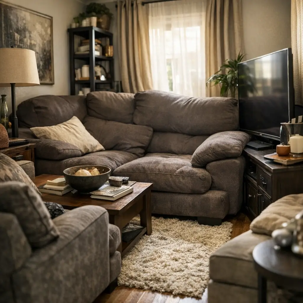 Como escolher sofá para sala pequena: 7 erros comuns, sofá cinza grande perto da TV e mesa de centro em sala pequena