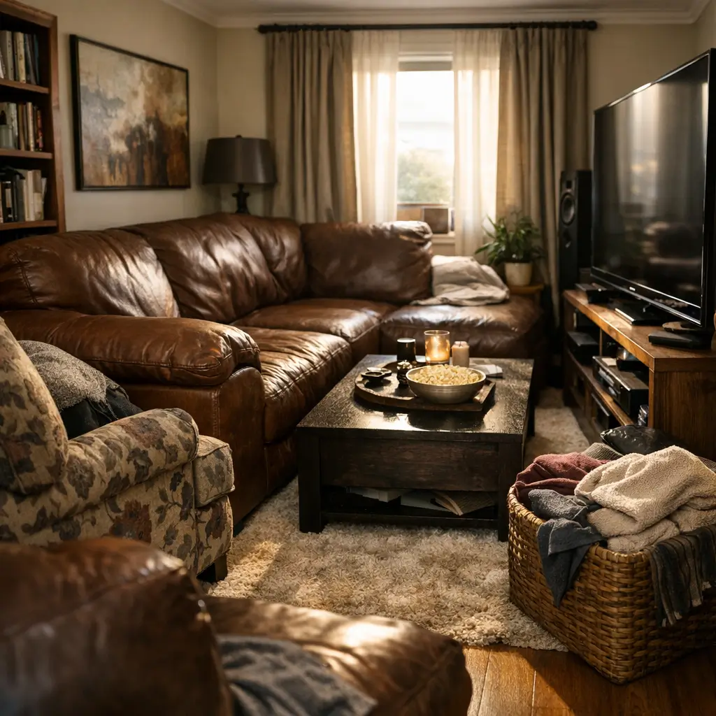 Como escolher sofá para sala pequena: 7 erros comuns, sofá de couro marrom em L, mesa de centro e TV