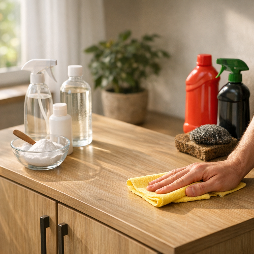 Como limpar móveis de MDF: o que usar e evitar, mão limpando móvel de MDF com pano e produtos ao lado
