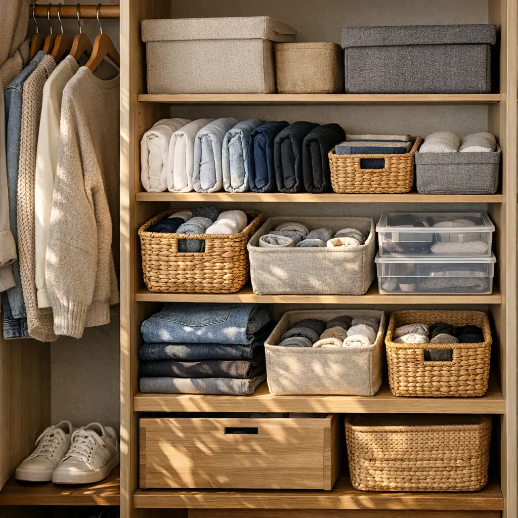 Como organizar guarda-roupa pequeno: 7 dicas que funcionam, roupas dobradas, caixas, cestos e gaveteiros no armário