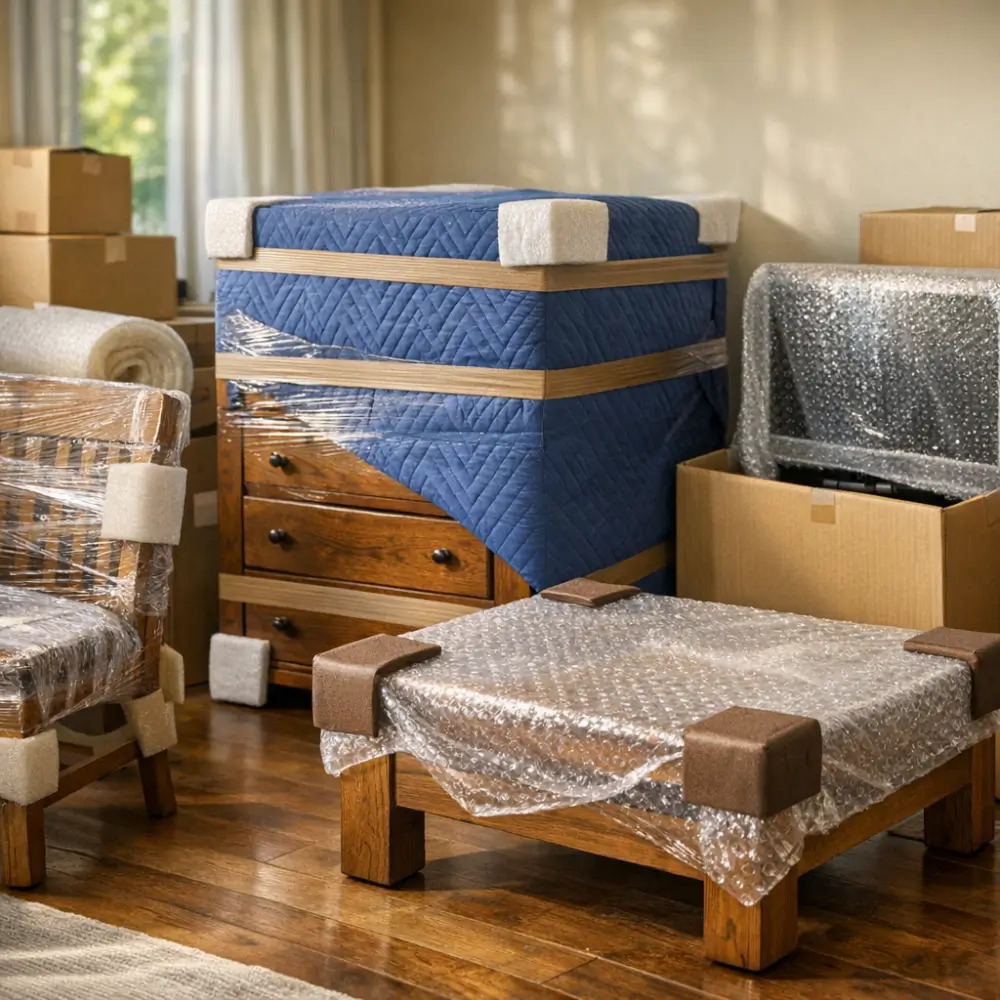 Como proteger móveis na mudança: sem riscos e amassados, móveis embalados com plástico bolha, manta e caixas de papelão