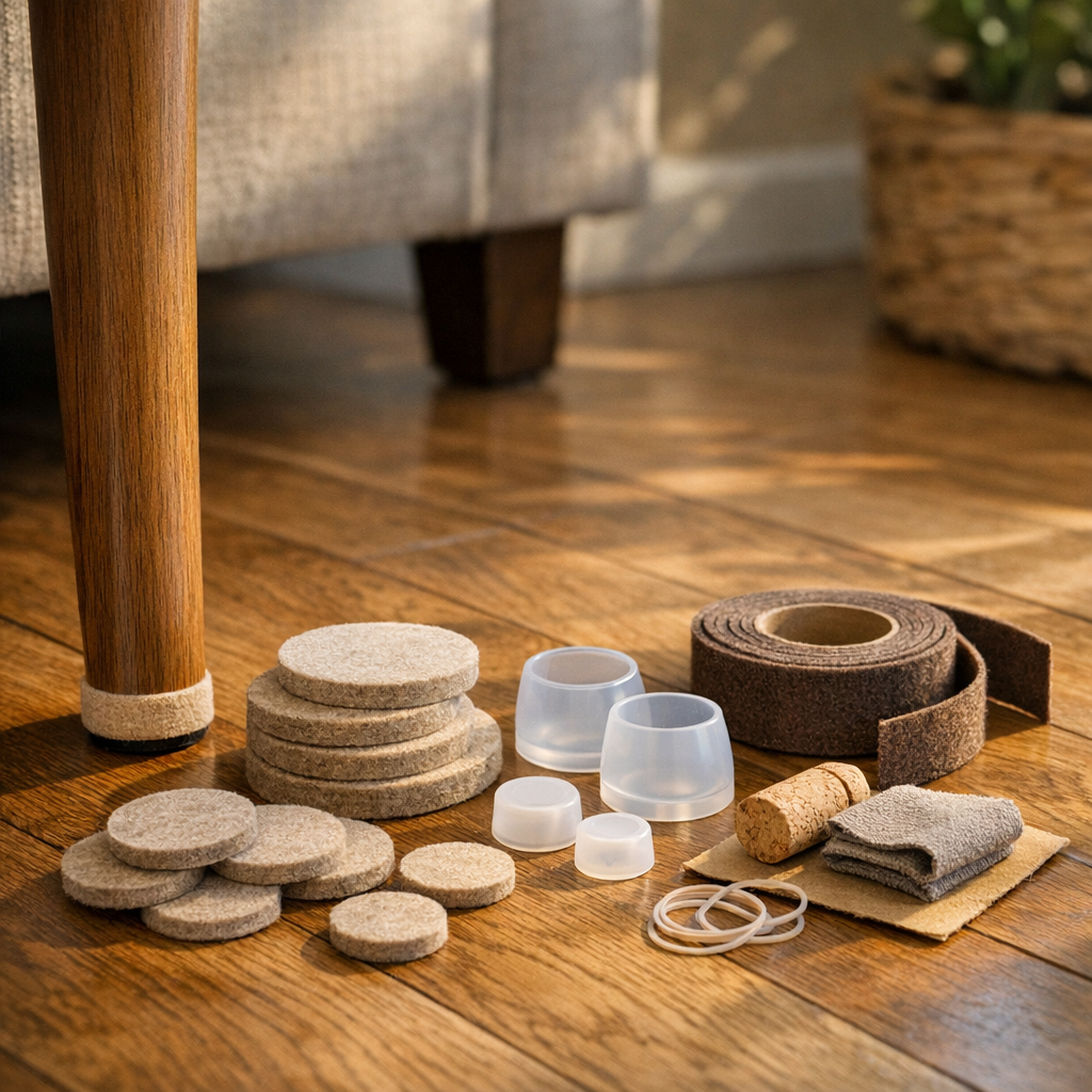 Como proteger o piso de riscos dos móveis: feltro no pé do móvel, discos e fita no piso de madeira