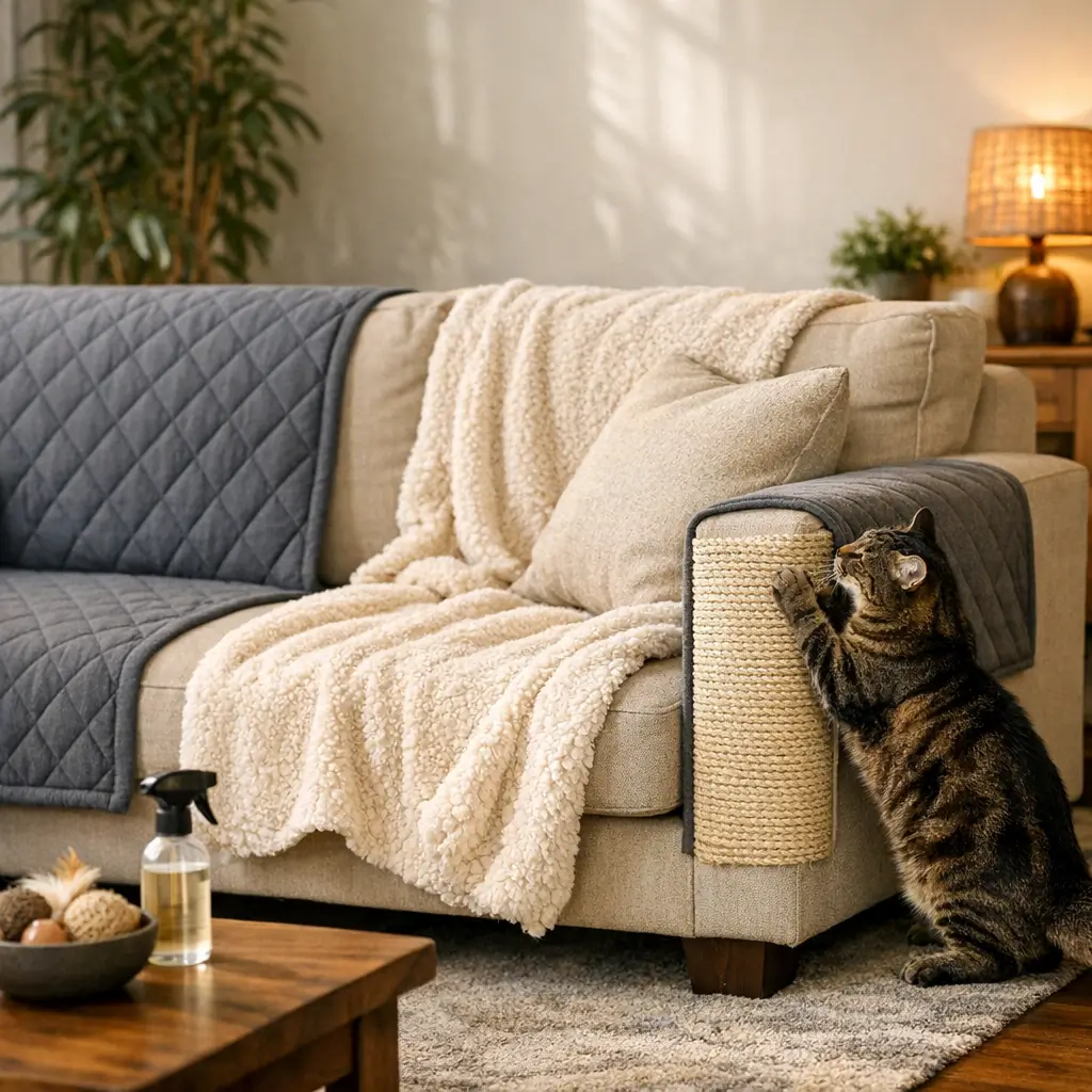 Como proteger sofá de gato que arranha: 5 dicas, gato arranhando braço do sofá com protetor de sisal e capa acolchoada