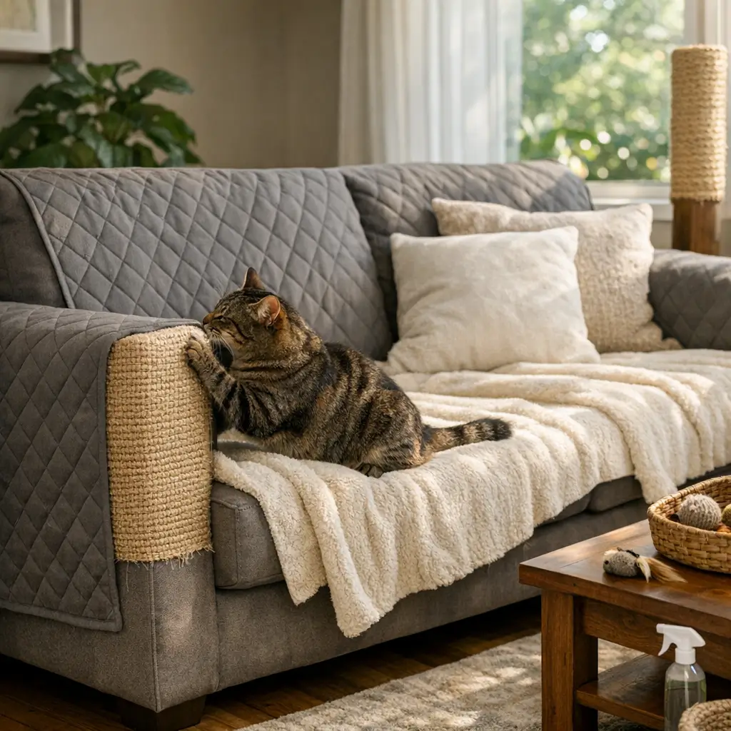 Como proteger sofá de gato que arranha: 5 dicas, gato arranhando protetor de sisal no braço do sofá com capa acolchoada