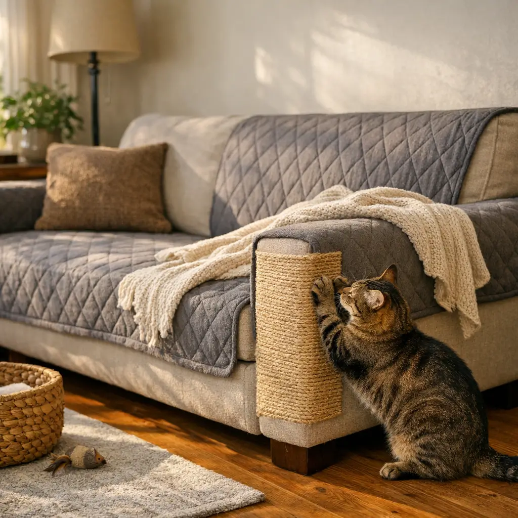 Como proteger sofá de gato que arranha: 5 dicas, gato arranhando protetor de sisal no braço do sofá com capa acolchoada