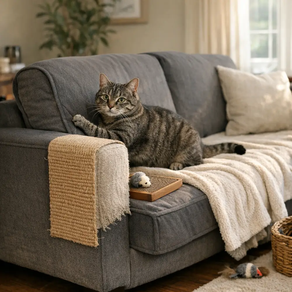 Como proteger sofá de gato que arranha: 5 dicas, gato em sofá cinza com protetor de sisal no braço