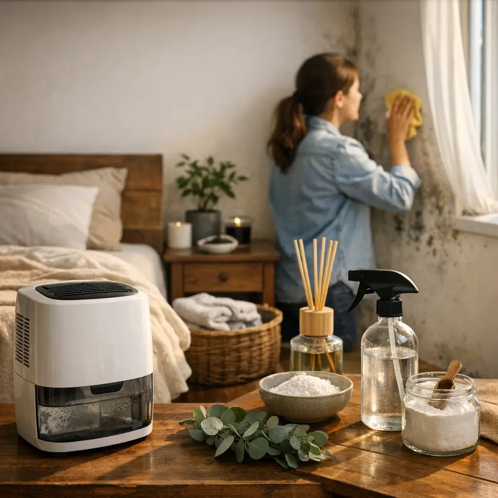 Como tirar cheiro de umidade do quarto: truques com mulher limpando mofo na parede, desumidificador e bicarbonato