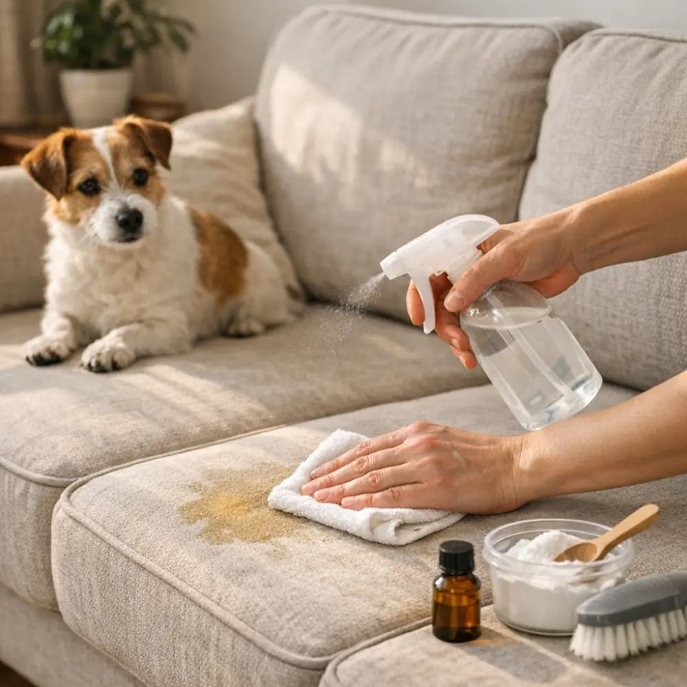 Como tirar cheiro de xixi de cachorro do sofá sem manchar: cachorro no sofá, mão borrifando e limpando mancha
