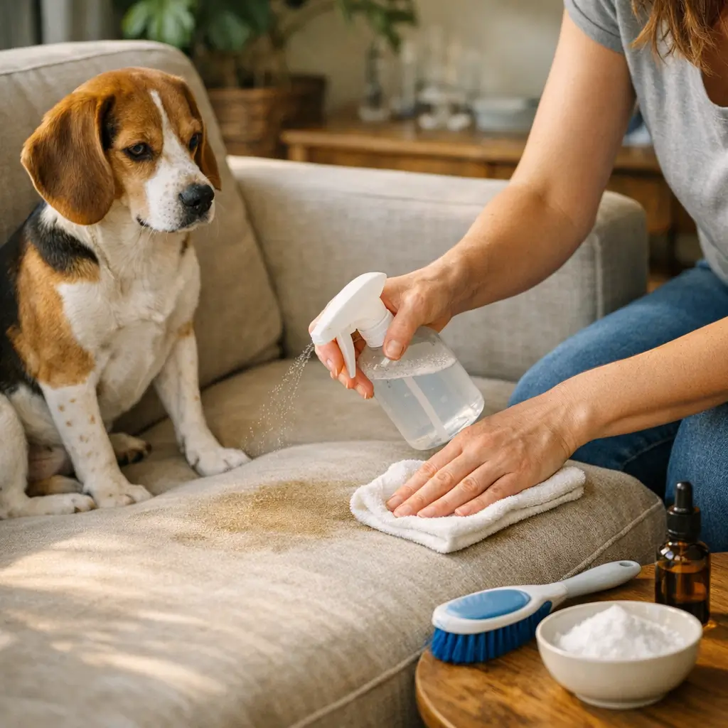 Como tirar cheiro de xixi de cachorro do sofá sem manchar: cachorro no sofá, spray e pano limpando mancha