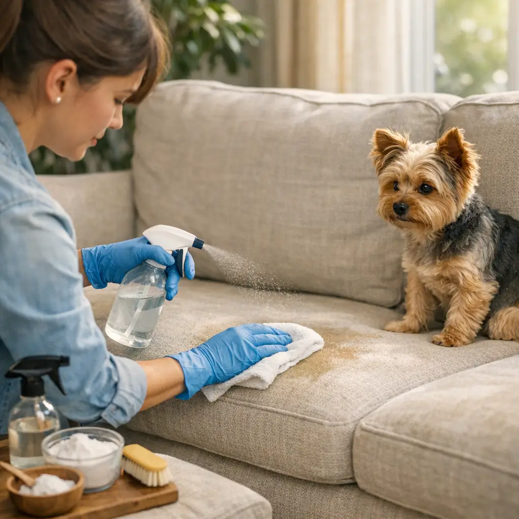 Como tirar cheiro de xixi de cachorro do sofá sem manchar: mulher de luvas limpando mancha, cachorro no sofá