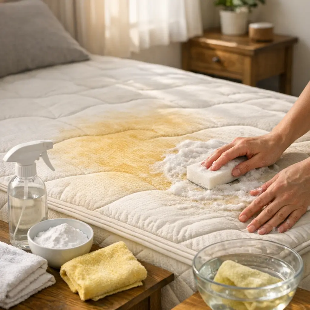 Como tirar mancha amarela do colchão: sem danificar, mãos esfregando mancha com esponja e espuma, borrifador e bicarbonato ao lado