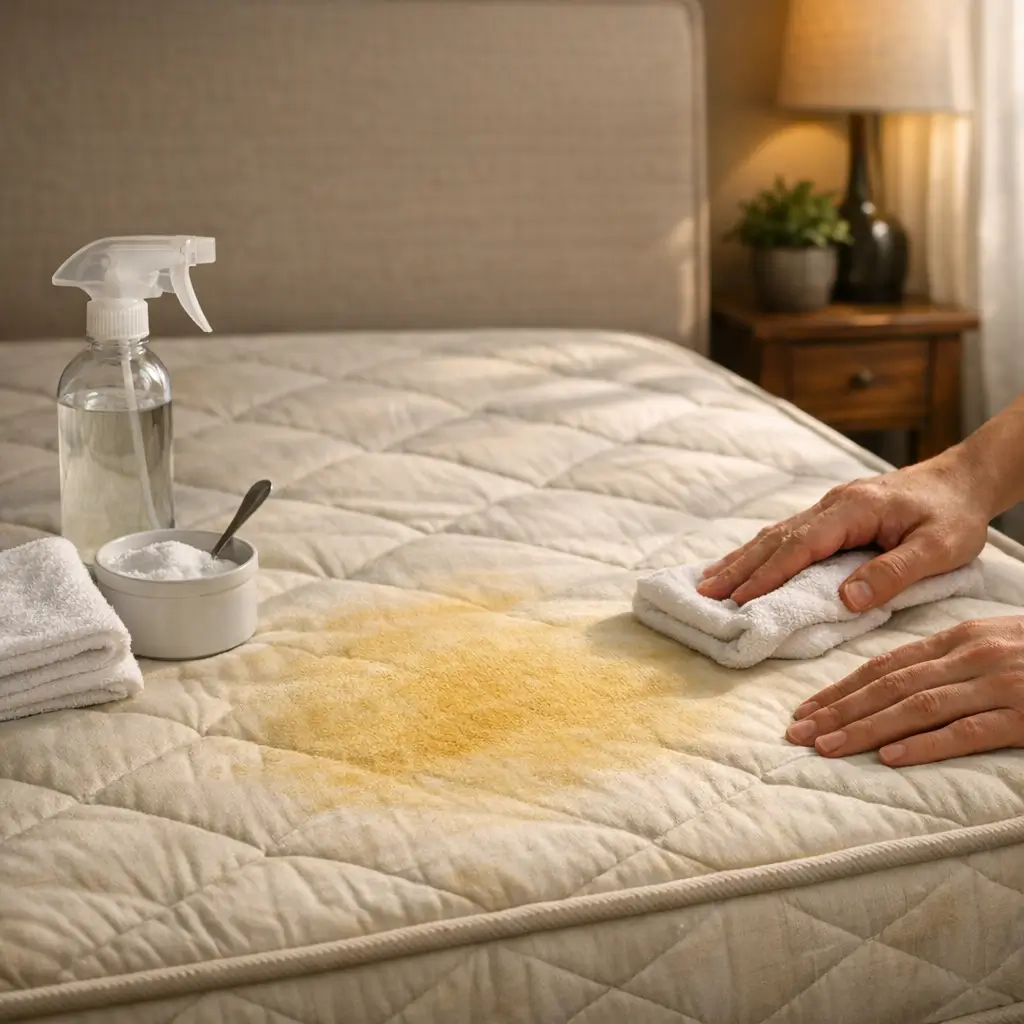 Como tirar mancha amarela do colchão: sem danificar, mãos limpando mancha com pano, borrifador e bicarbonato