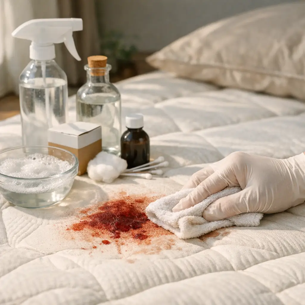 Como tirar mancha de sangue do colchão: dicas rápidas, luva limpando mancha, frascos e algodão