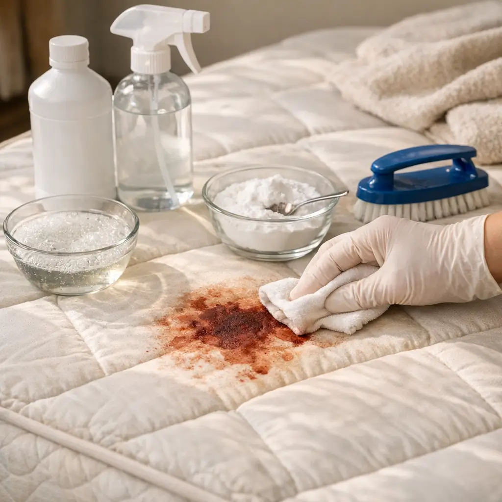 Como tirar mancha de sangue do colchão: dicas rápidas, mão com luva limpando mancha, produtos e escova